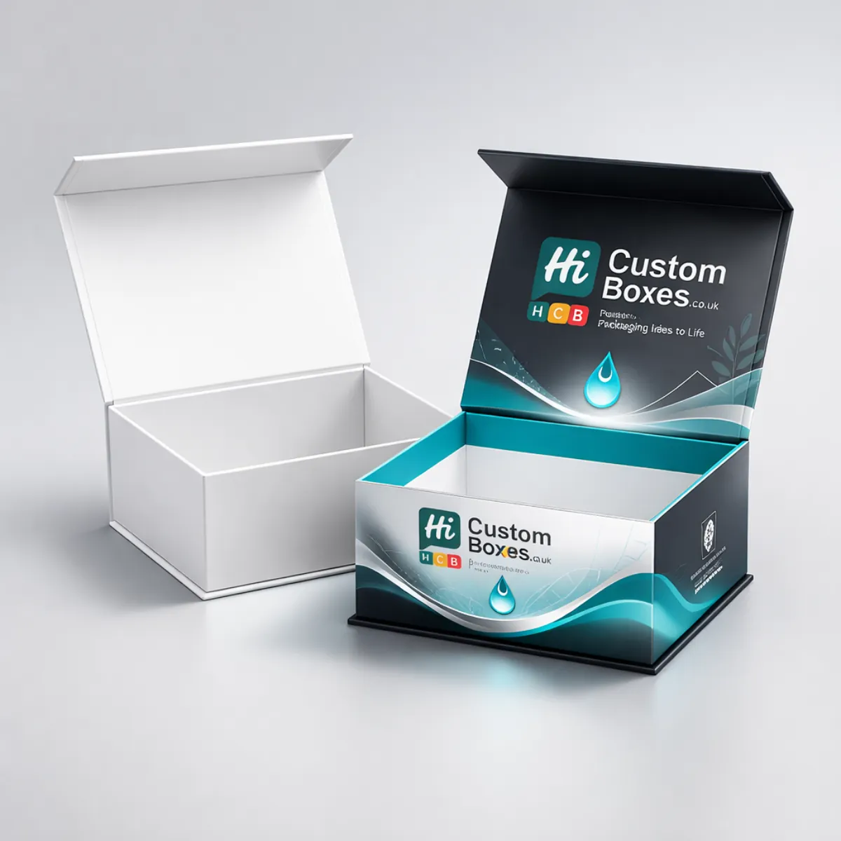 Two white cardboard boxes for soap dispensers, one plain and one with a blue wave design. class=